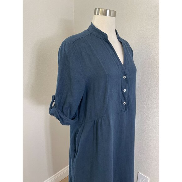 Francesca Bettini Womens Medium Linen Cotton Midi Dress Blue Roll Tab Sleeve - Picture 2 of 11